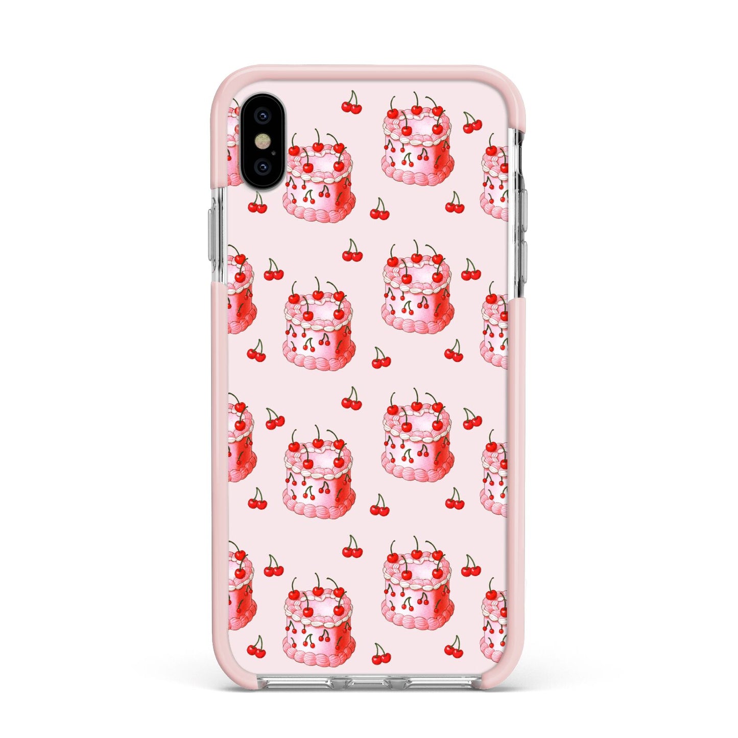 Cherry Cake Party Apple iPhone Xs Max Impact Case Pink Edge on Silver Phone