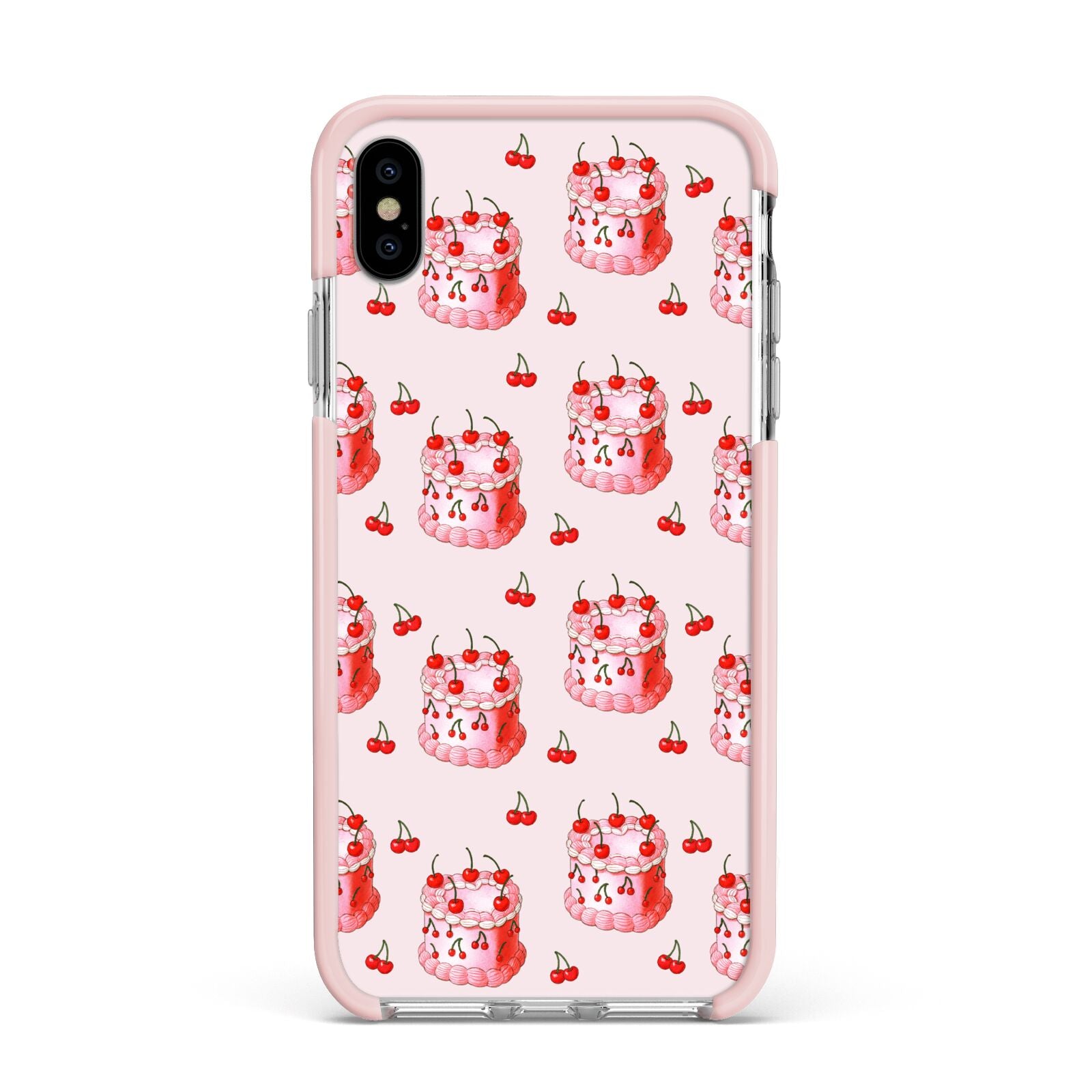 Cherry Cake Party Apple iPhone Xs Max Impact Case Pink Edge on Silver Phone