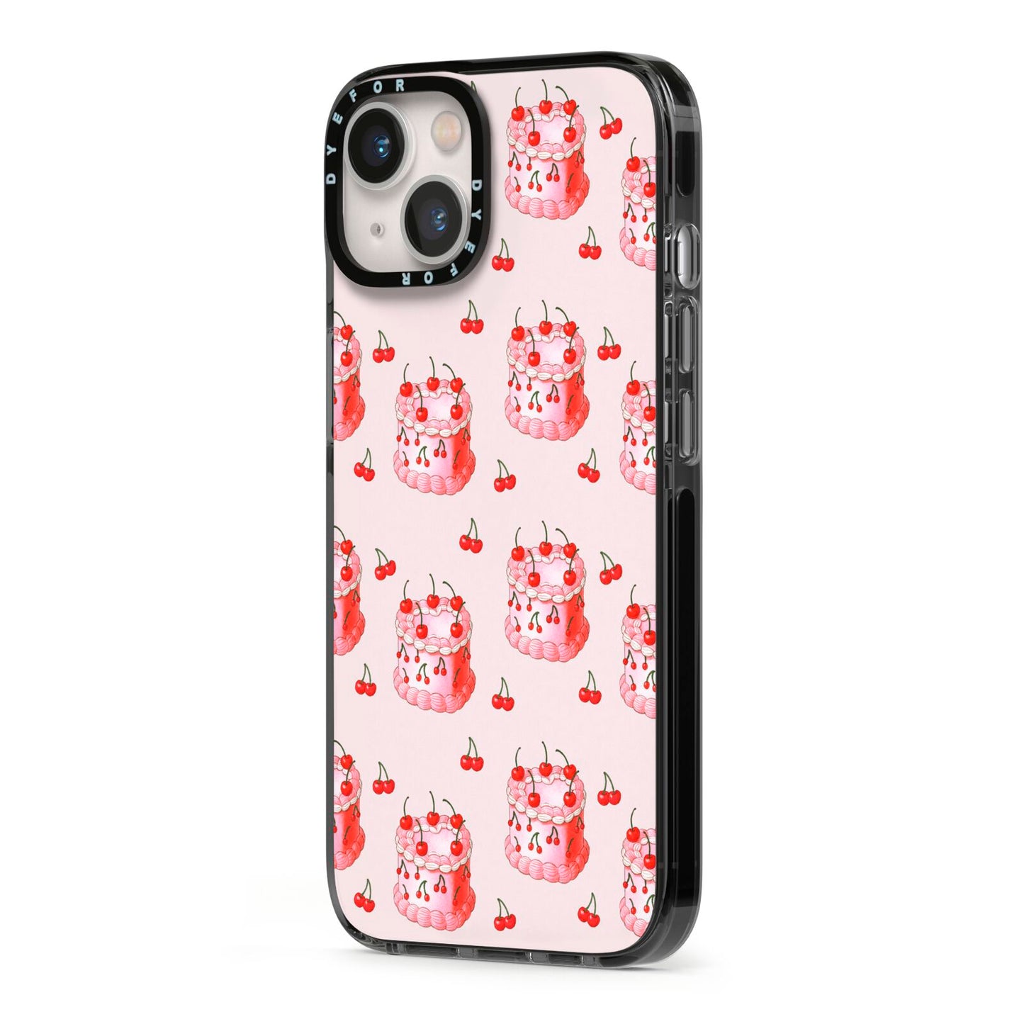 Cherry Cake Party iPhone 13 Black Impact Case Side Angle on Silver phone