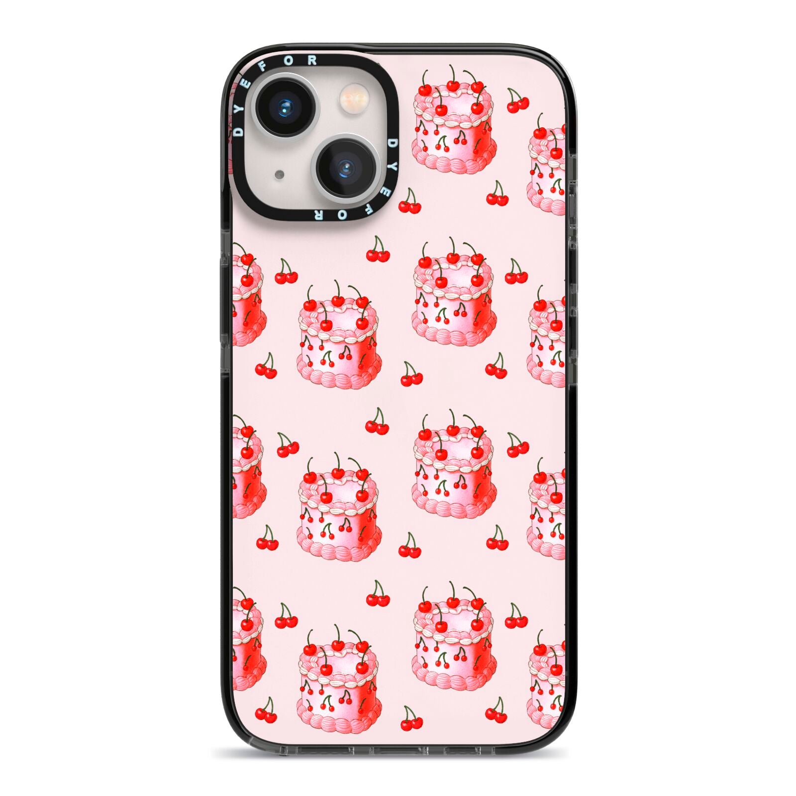 Cherry Cake Party iPhone 13 Black Impact Case on Silver phone