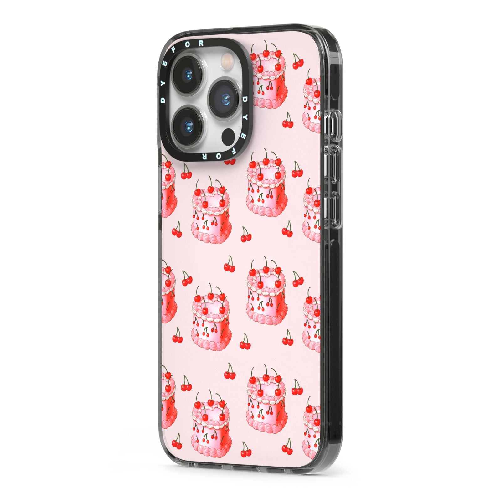 Cherry Cake Party iPhone 13 Pro Black Impact Case Side Angle on Silver phone