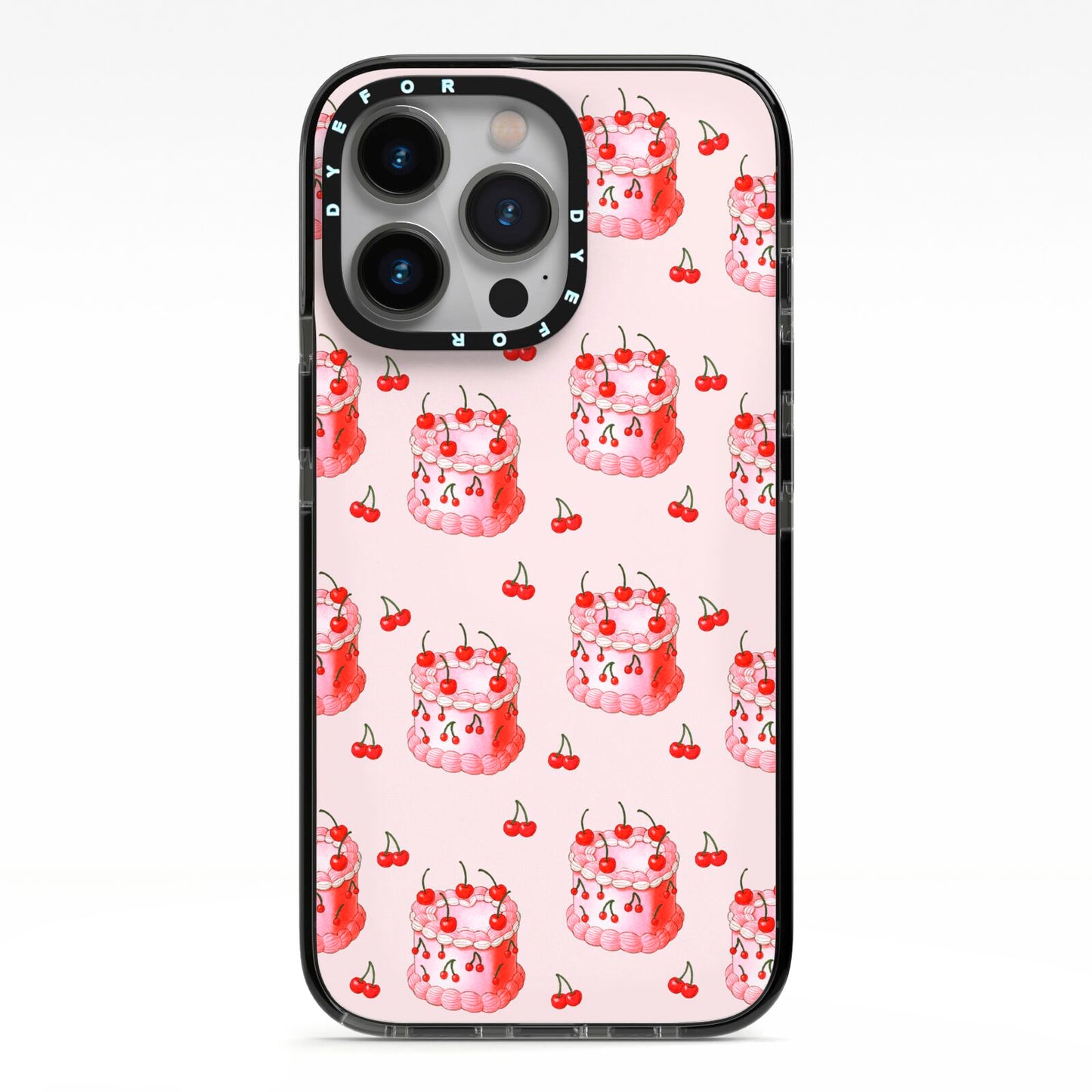 Cherry Cake Party iPhone 13 Pro Black Impact Case on Silver phone