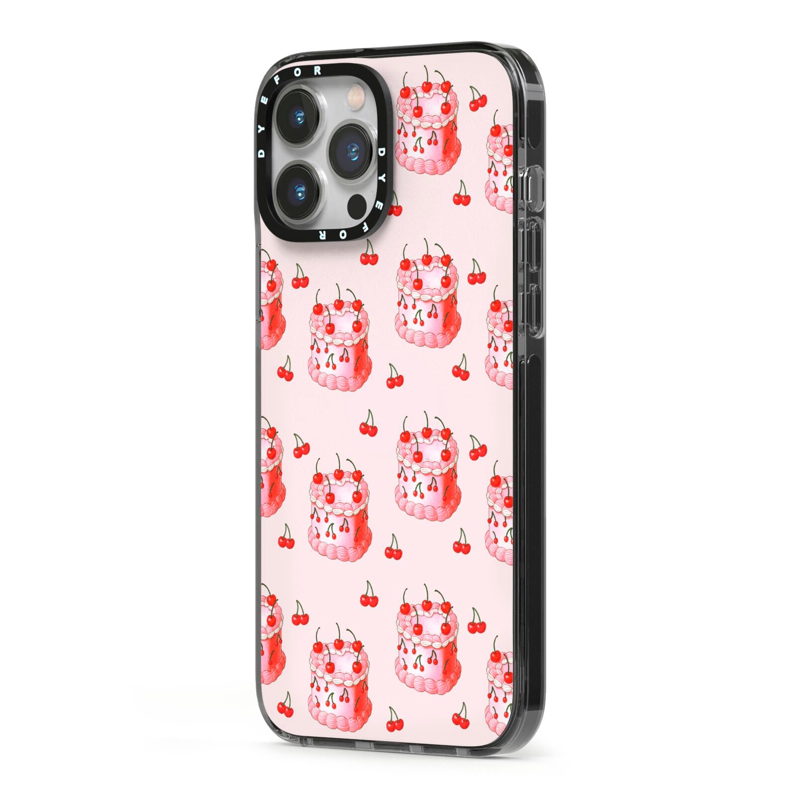 Cherry Cake Party iPhone 13 Pro Max Black Impact Case Side Angle on Silver phone