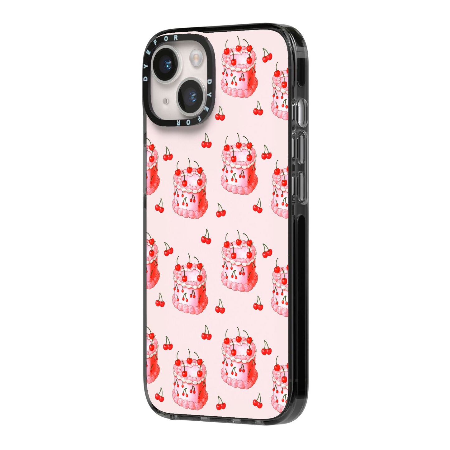 Cherry Cake Party iPhone 14 Black Impact Case Side Angle on Silver phone