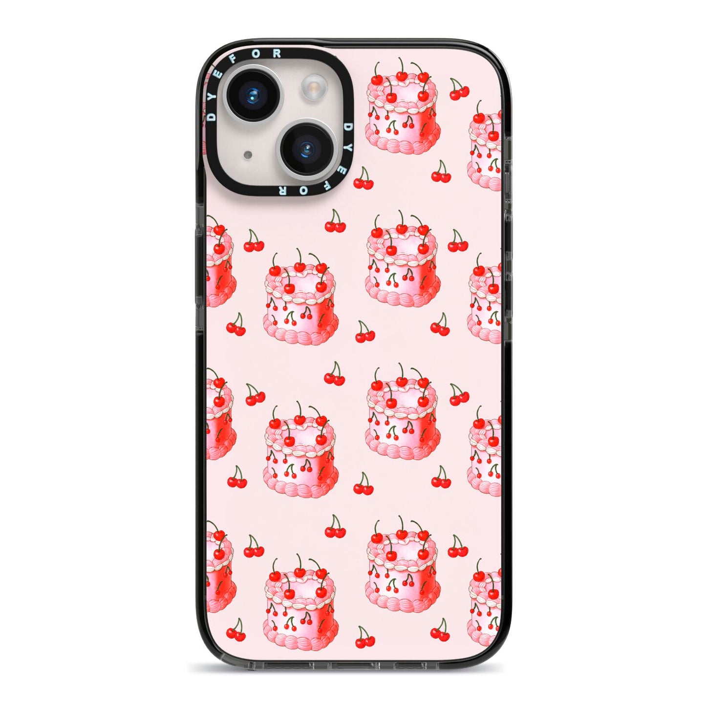 Cherry Cake Party iPhone 14 Black Impact Case on Silver phone