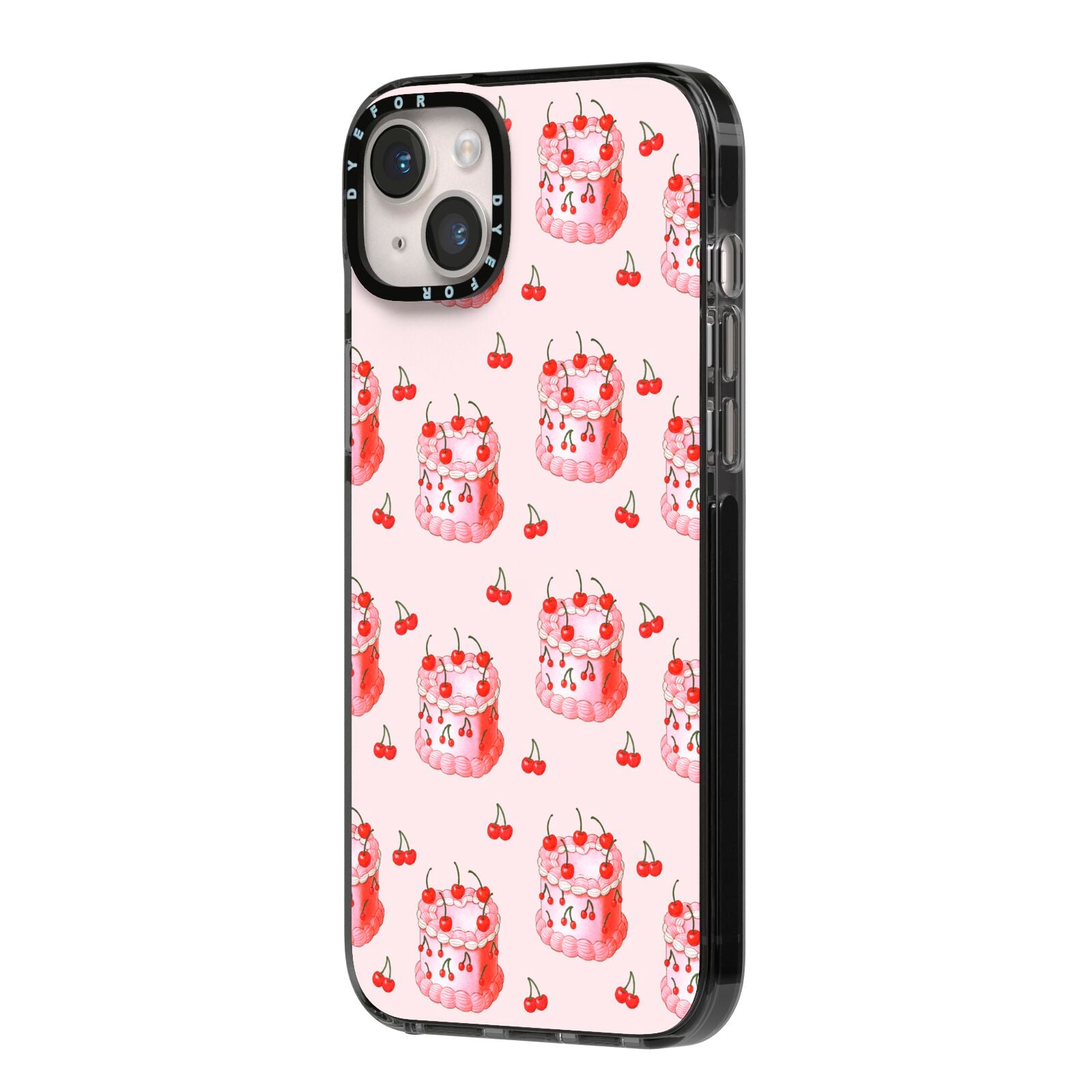 Cherry Cake Party iPhone 14 Plus Black Impact Case Side Angle on Silver phone