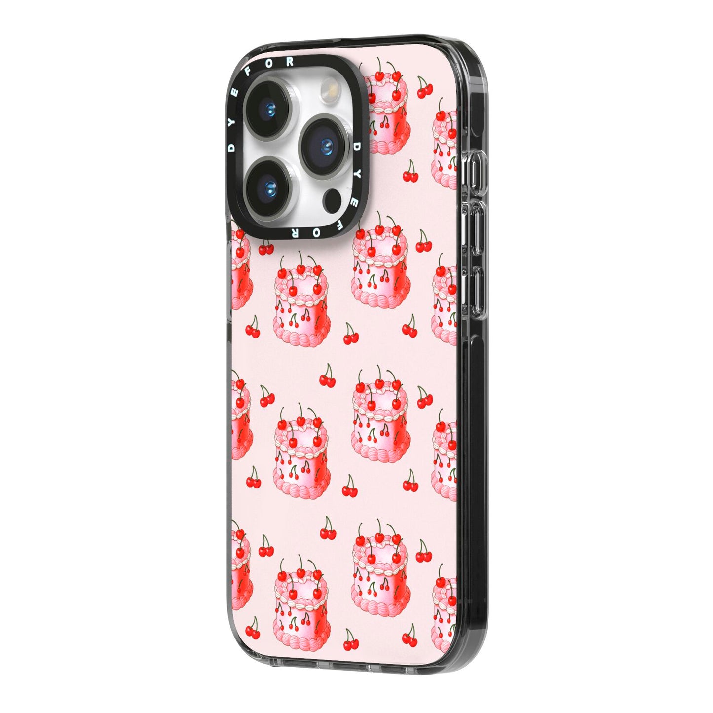 Cherry Cake Party iPhone 14 Pro Black Impact Case Side Angle on Silver phone