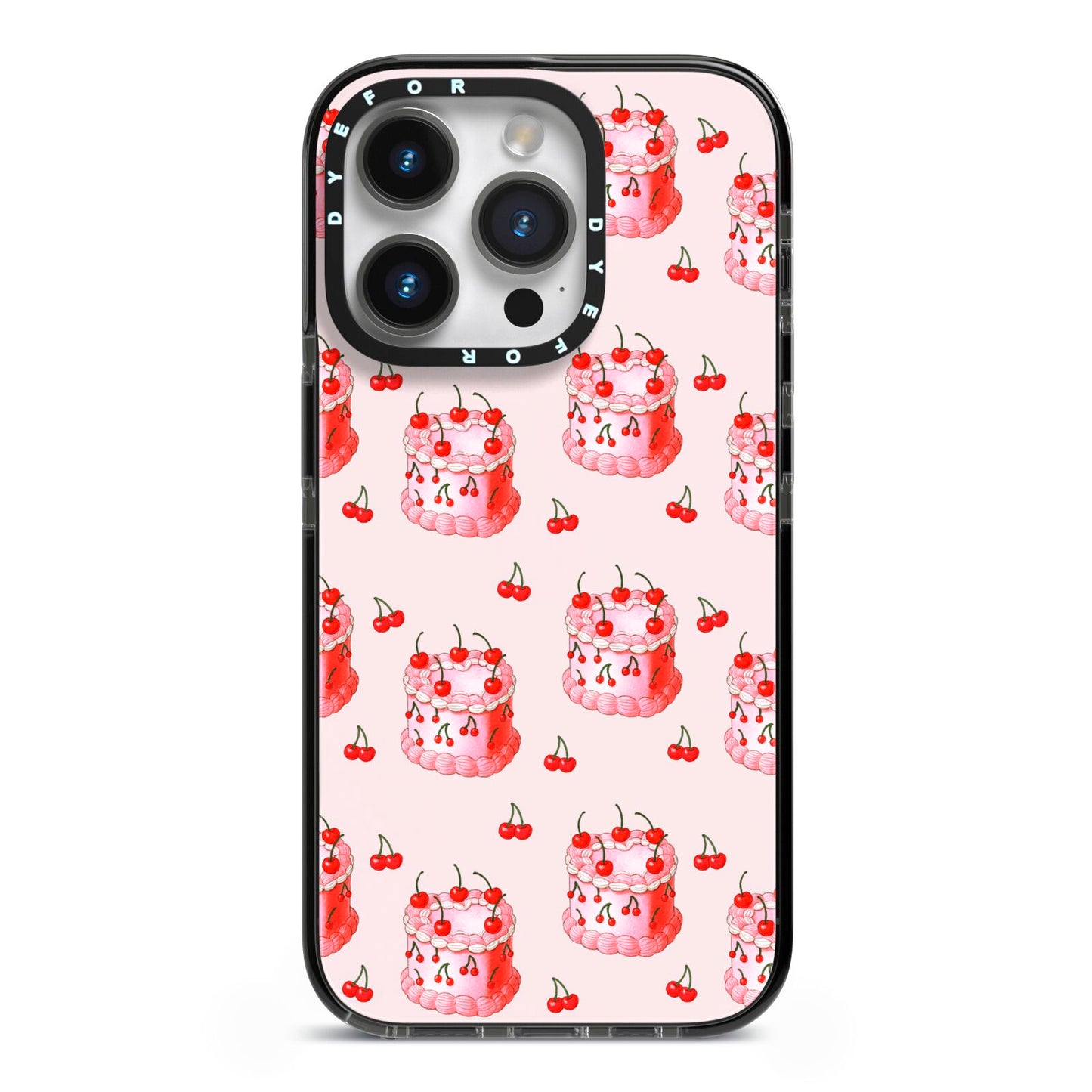 Cherry Cake Party iPhone 14 Pro Black Impact Case on Silver phone
