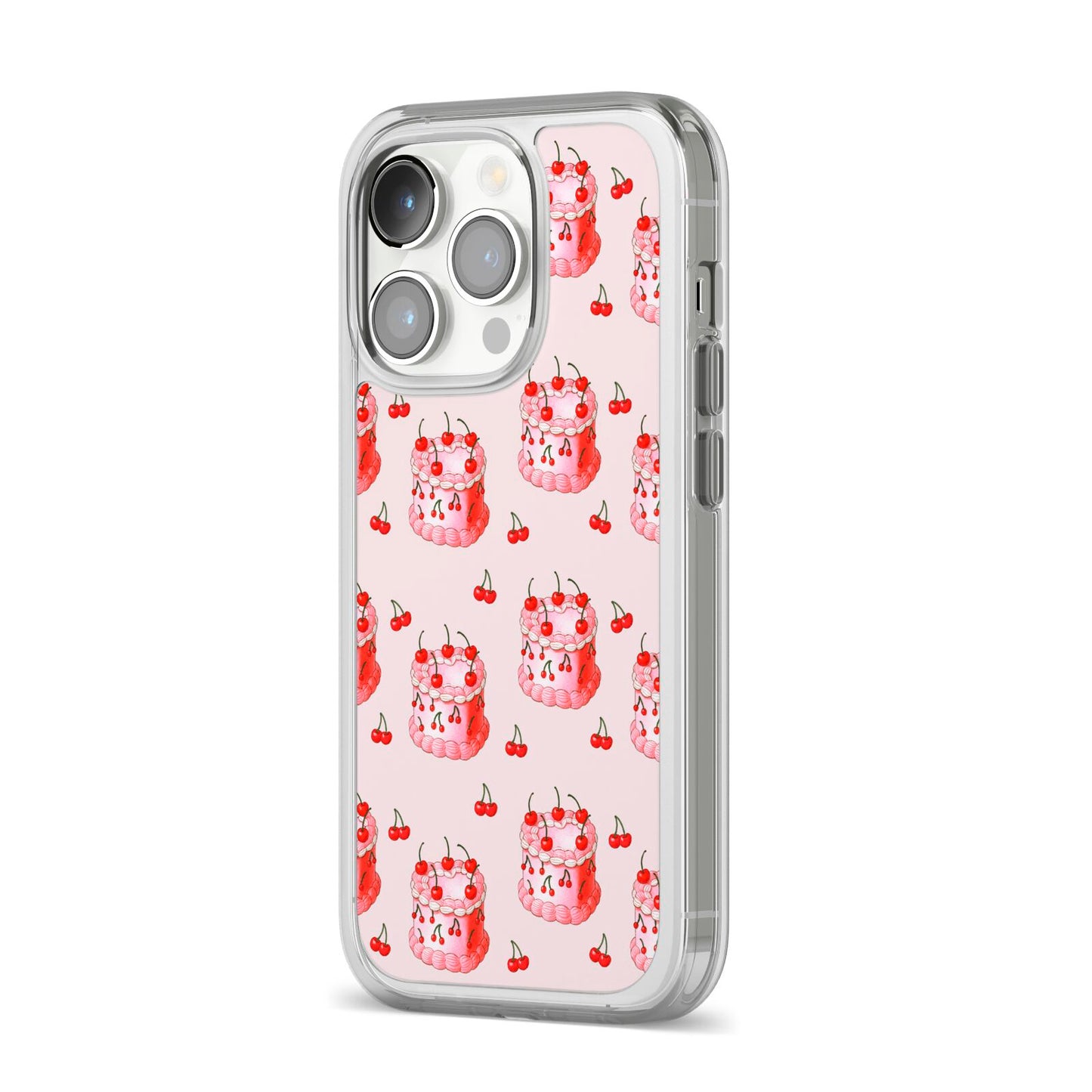 Cherry Cake Party iPhone 14 Pro Clear Tough Case Silver Angled Image