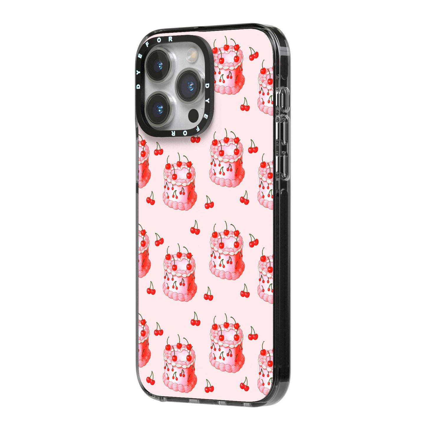 Cherry Cake Party iPhone 14 Pro Max Black Impact Case Side Angle on Silver phone