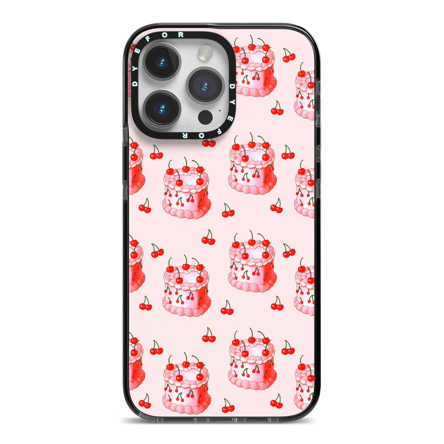 Cherry Cake Party iPhone 14 Pro Max Black Impact Case on Silver phone
