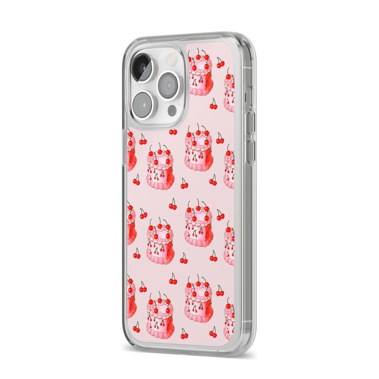 Cherry Cake Party iPhone 14 Pro Max Clear Tough Case Silver Angled Image