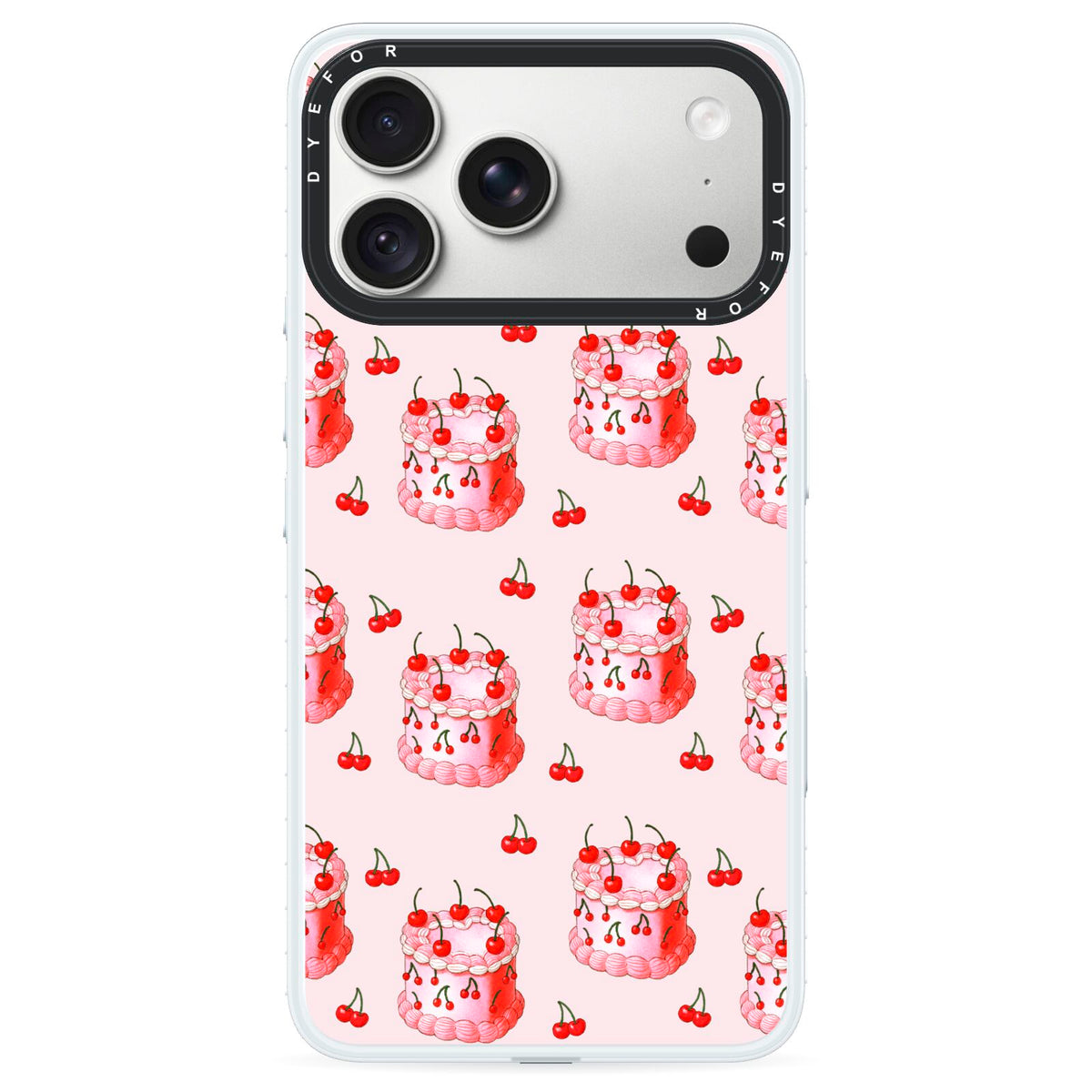 Cherry Cake Party iPhone 18 Pro Black Impact Pre order Case on Silver phone