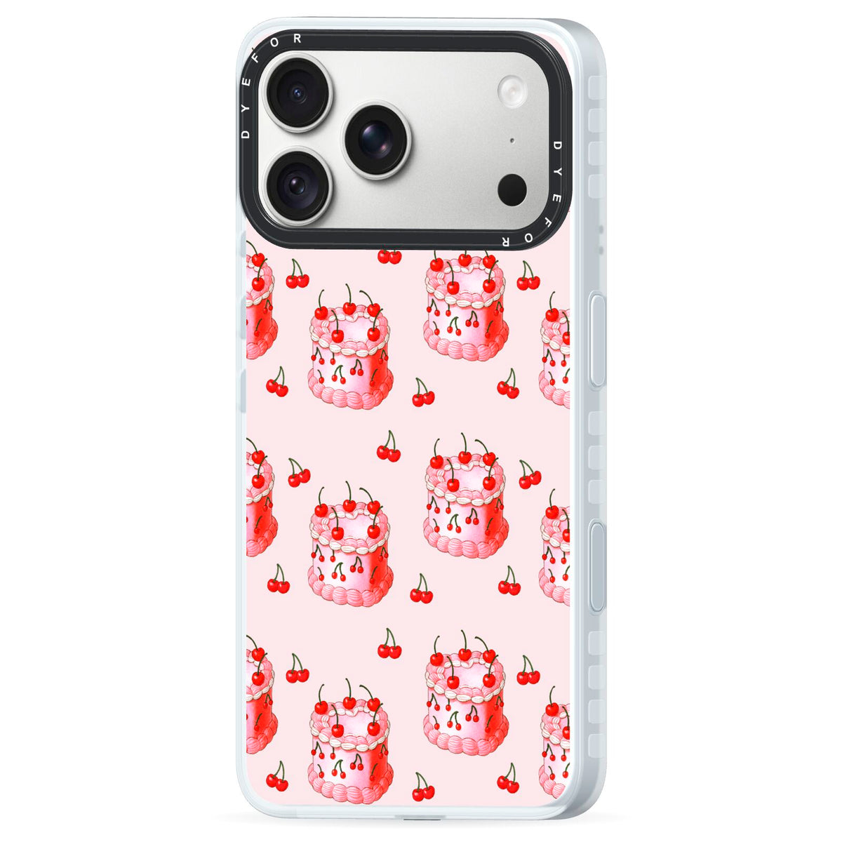 Cherry Cake Party iPhone 18 Pro Max Black Impact Pre order Case Side Angle on Silver phone