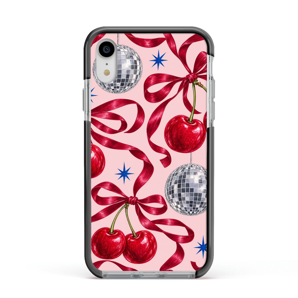 Cherry Disco Apple iPhone XR Impact Case Black Edge on Silver Phone