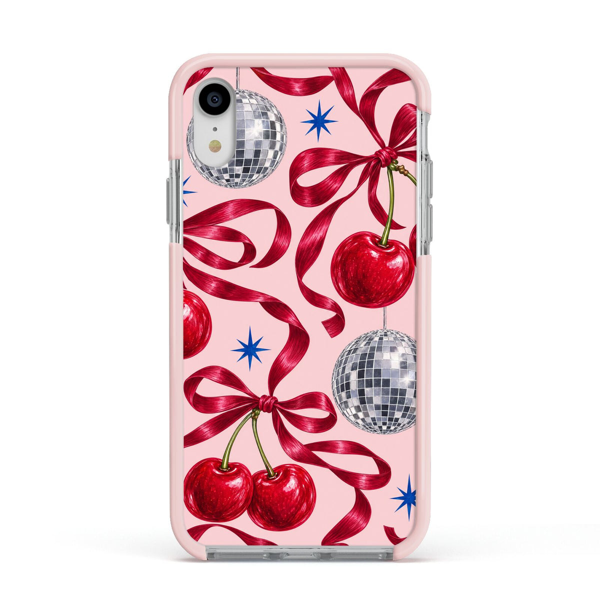 Cherry Disco Apple iPhone XR Impact Case Pink Edge on Silver Phone
