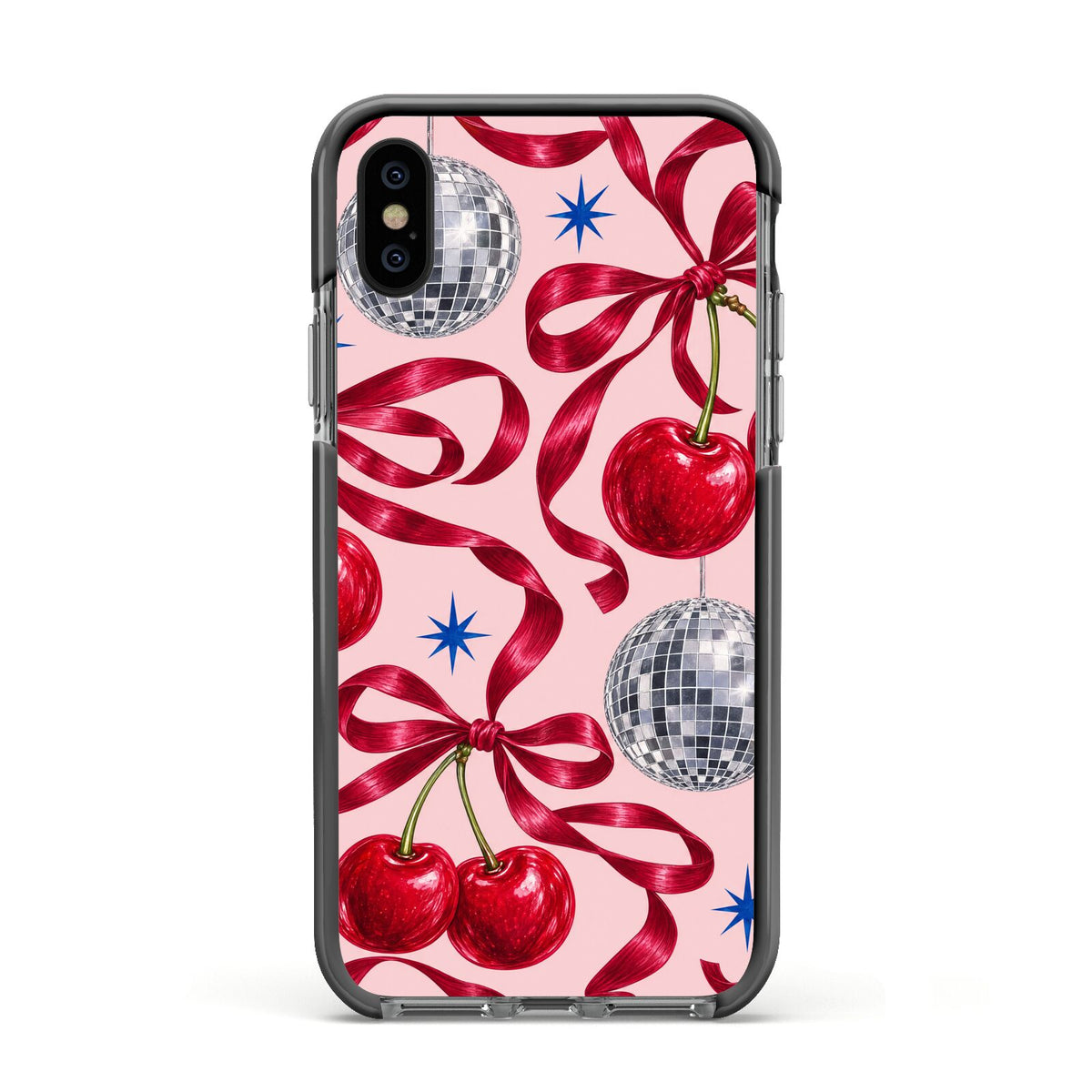 Cherry Disco Apple iPhone Xs Impact Case Black Edge on Black Phone