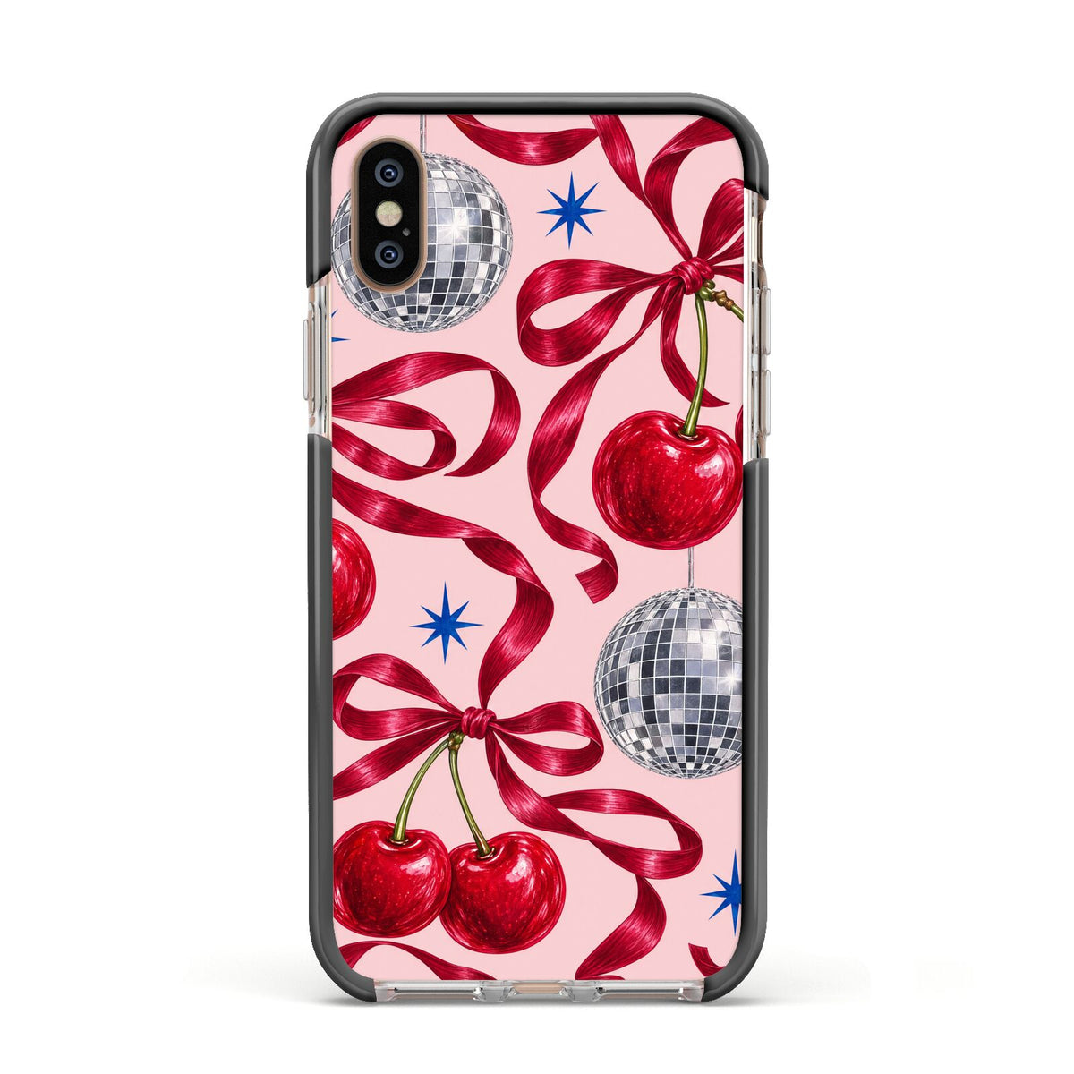 Cherry Disco Apple iPhone Xs Impact Case Black Edge on Gold Phone