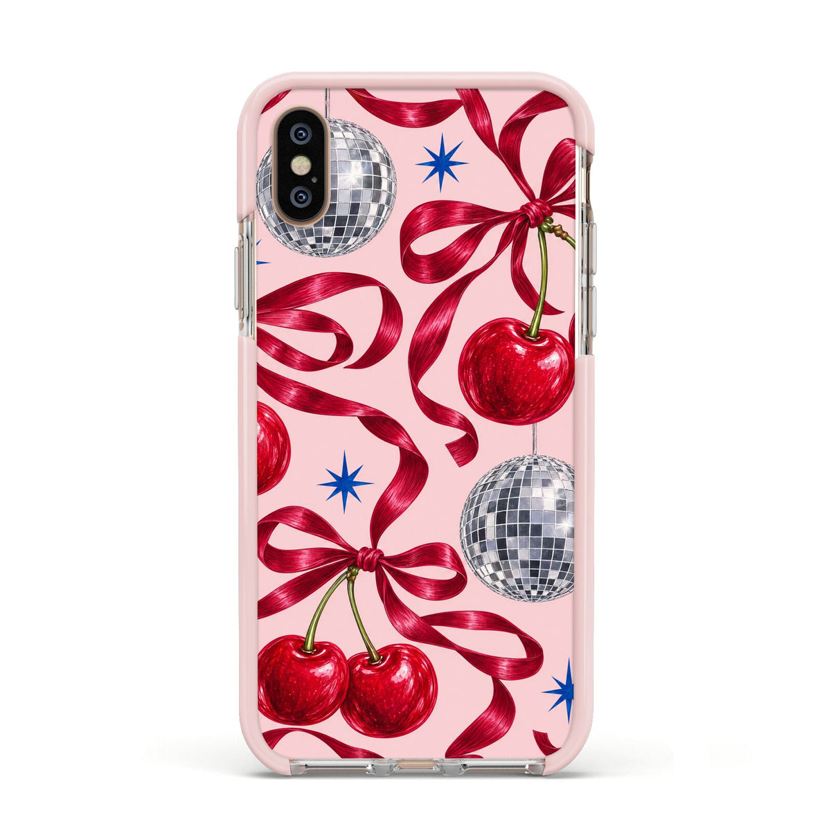 Cherry Disco Apple iPhone Xs Impact Case Pink Edge on Gold Phone