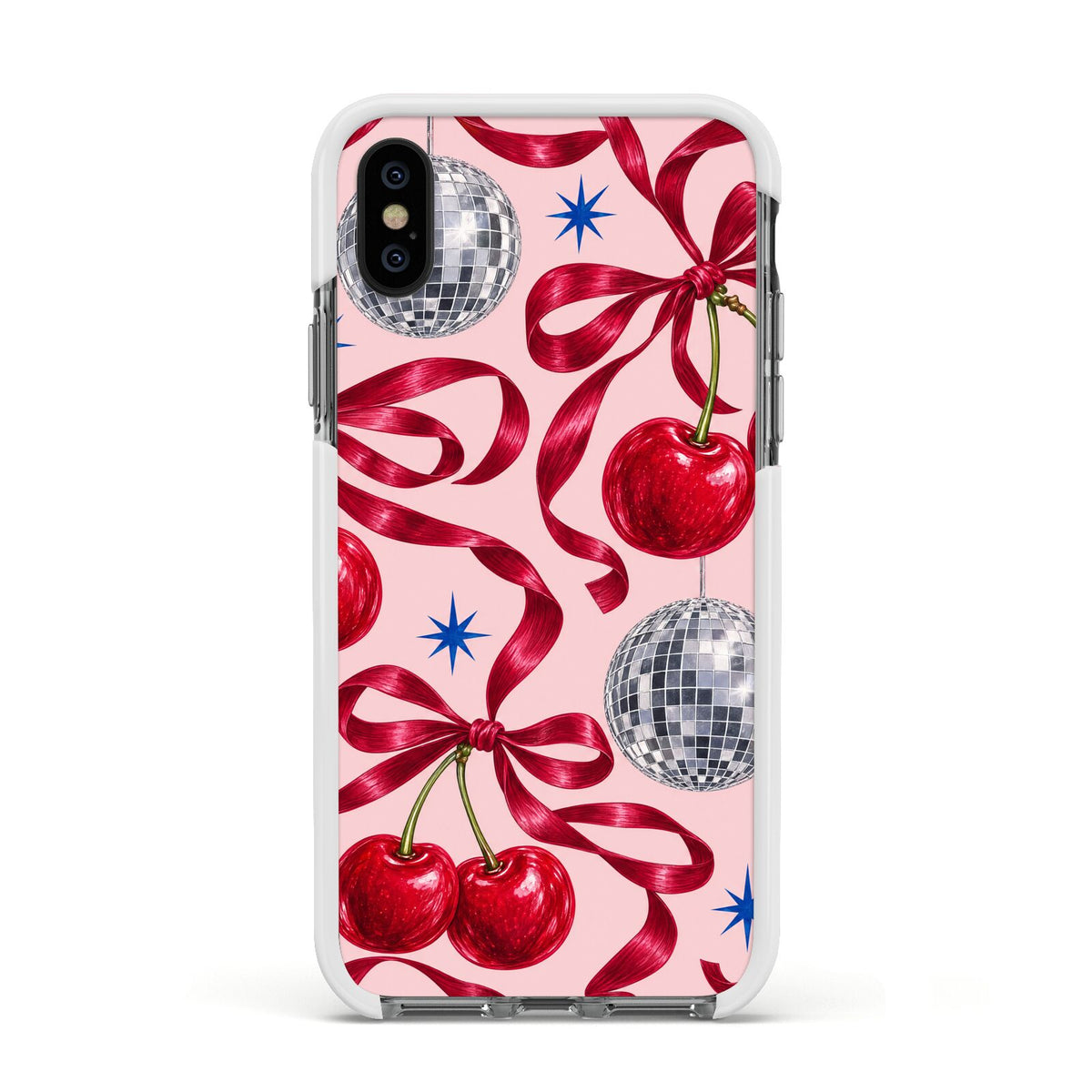 Cherry Disco Apple iPhone Xs Impact Case White Edge on Black Phone