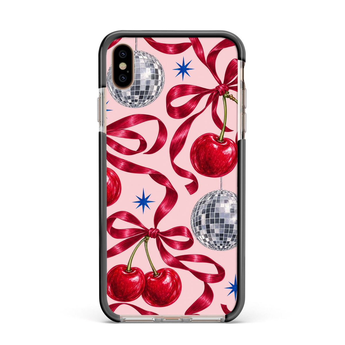 Cherry Disco Apple iPhone Xs Max Impact Case Black Edge on Gold Phone