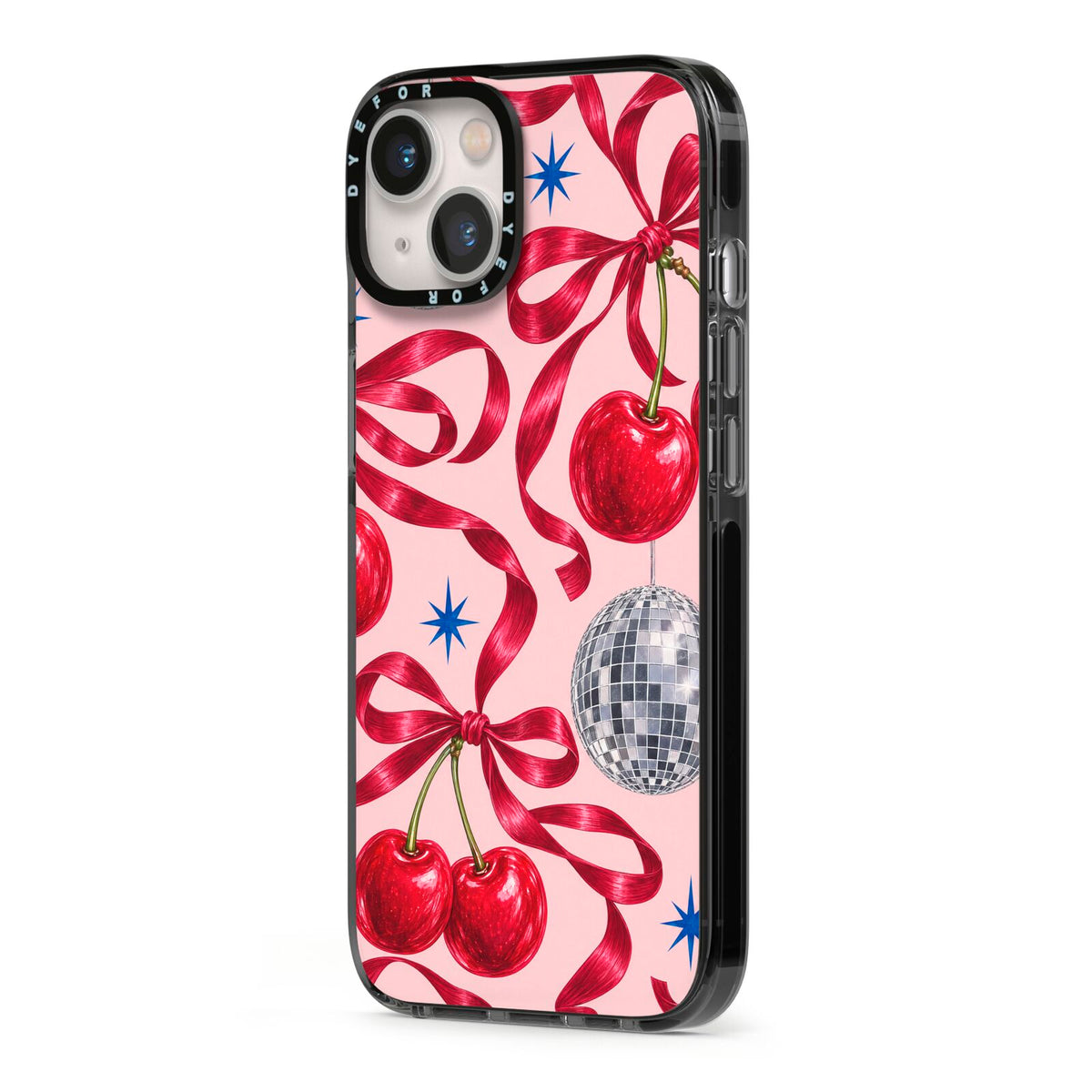 Cherry Disco iPhone 13 Black Impact Case Side Angle on Silver phone