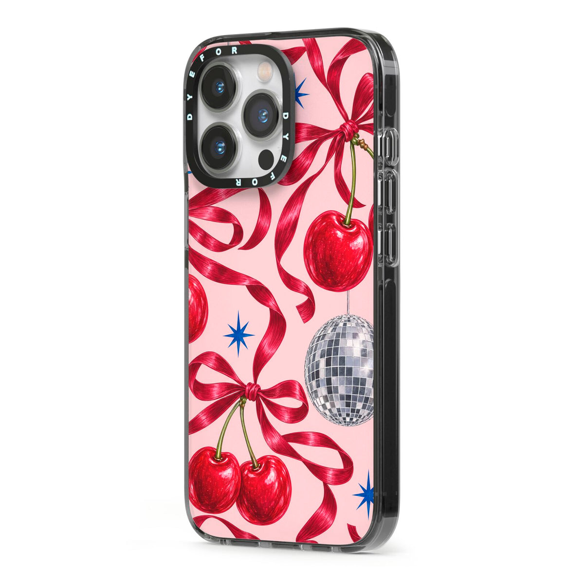 Cherry Disco iPhone 13 Pro Black Impact Case Side Angle on Silver phone