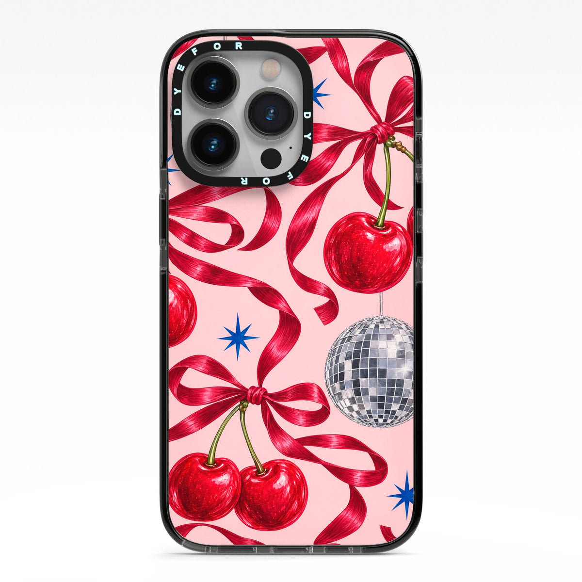 Cherry Disco iPhone 13 Pro Black Impact Case on Silver phone
