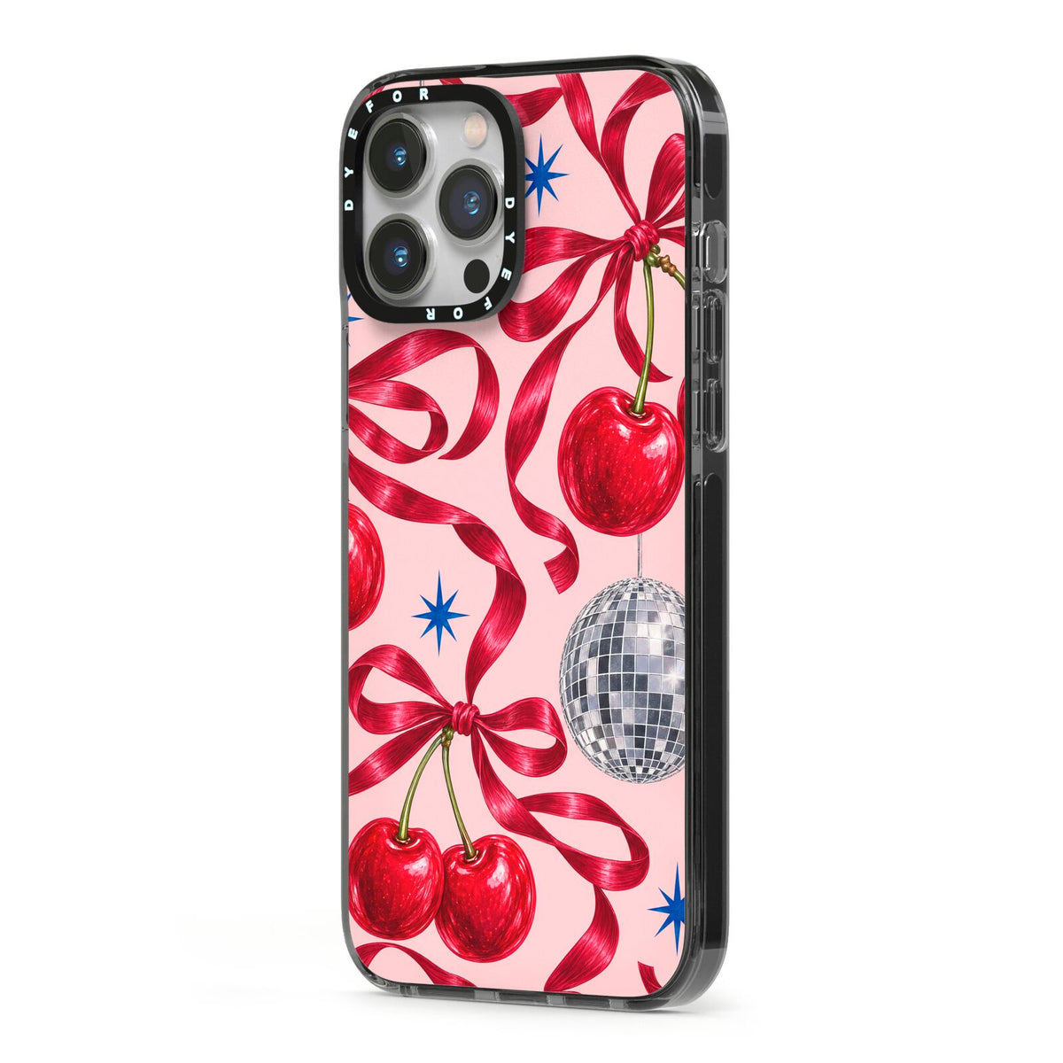 Cherry Disco iPhone 13 Pro Max Black Impact Case Side Angle on Silver phone