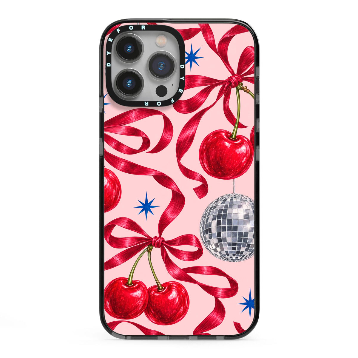 Cherry Disco iPhone 13 Pro Max Black Impact Case on Silver phone