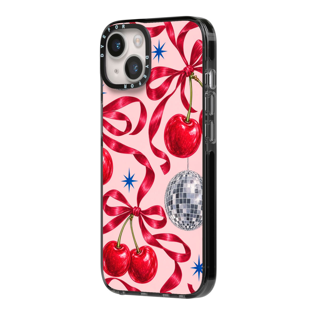 Cherry Disco iPhone 14 Black Impact Case Side Angle on Silver phone