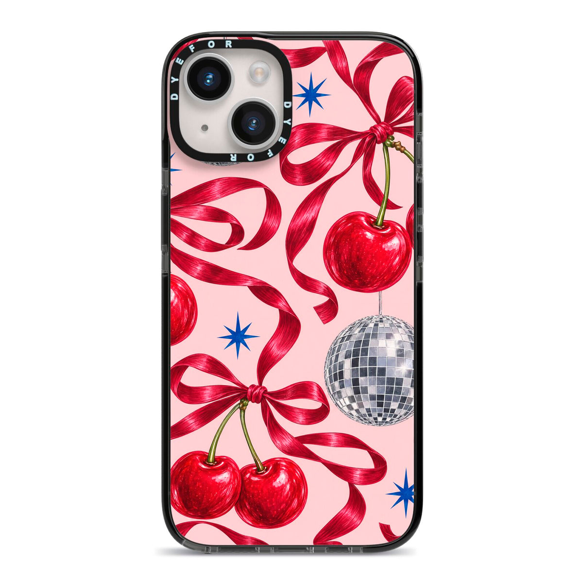 Cherry Disco iPhone 14 Black Impact Case on Silver phone
