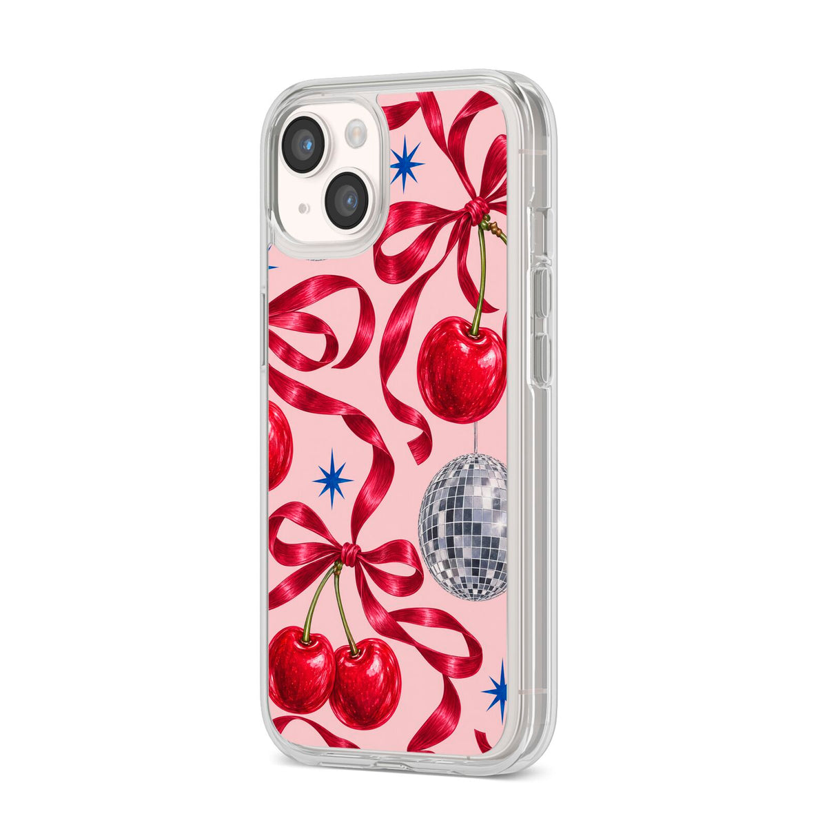 Cherry Disco iPhone 14 Clear Tough Case Starlight Angled Image