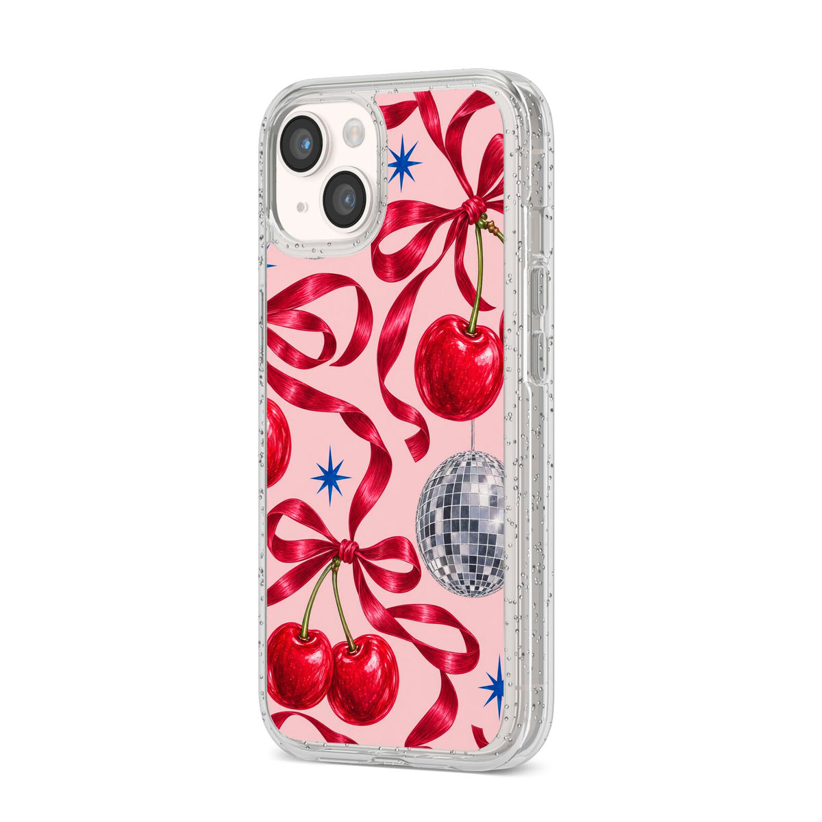 Cherry Disco iPhone 14 Glitter Tough Case Starlight Angled Image