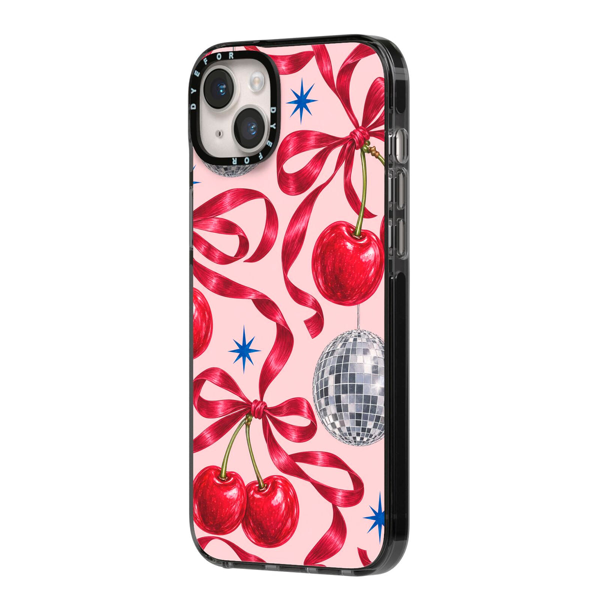 Cherry Disco iPhone 14 Plus Black Impact Case Side Angle on Silver phone