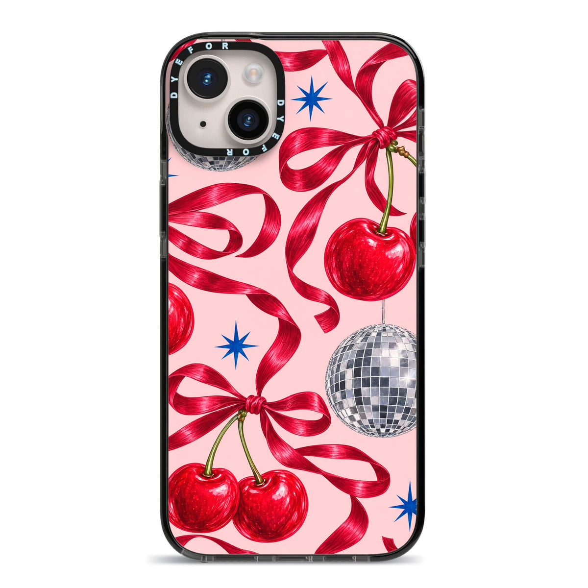 Cherry Disco iPhone 14 Plus Black Impact Case on Silver phone