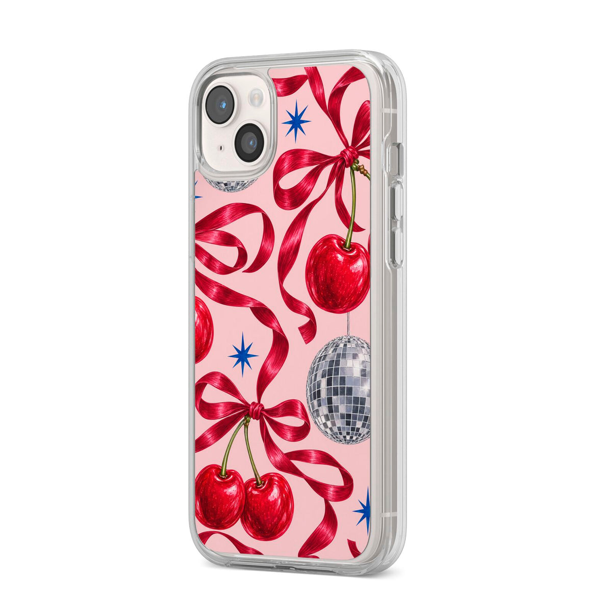 Cherry Disco iPhone 14 Plus Clear Tough Case Starlight Angled Image