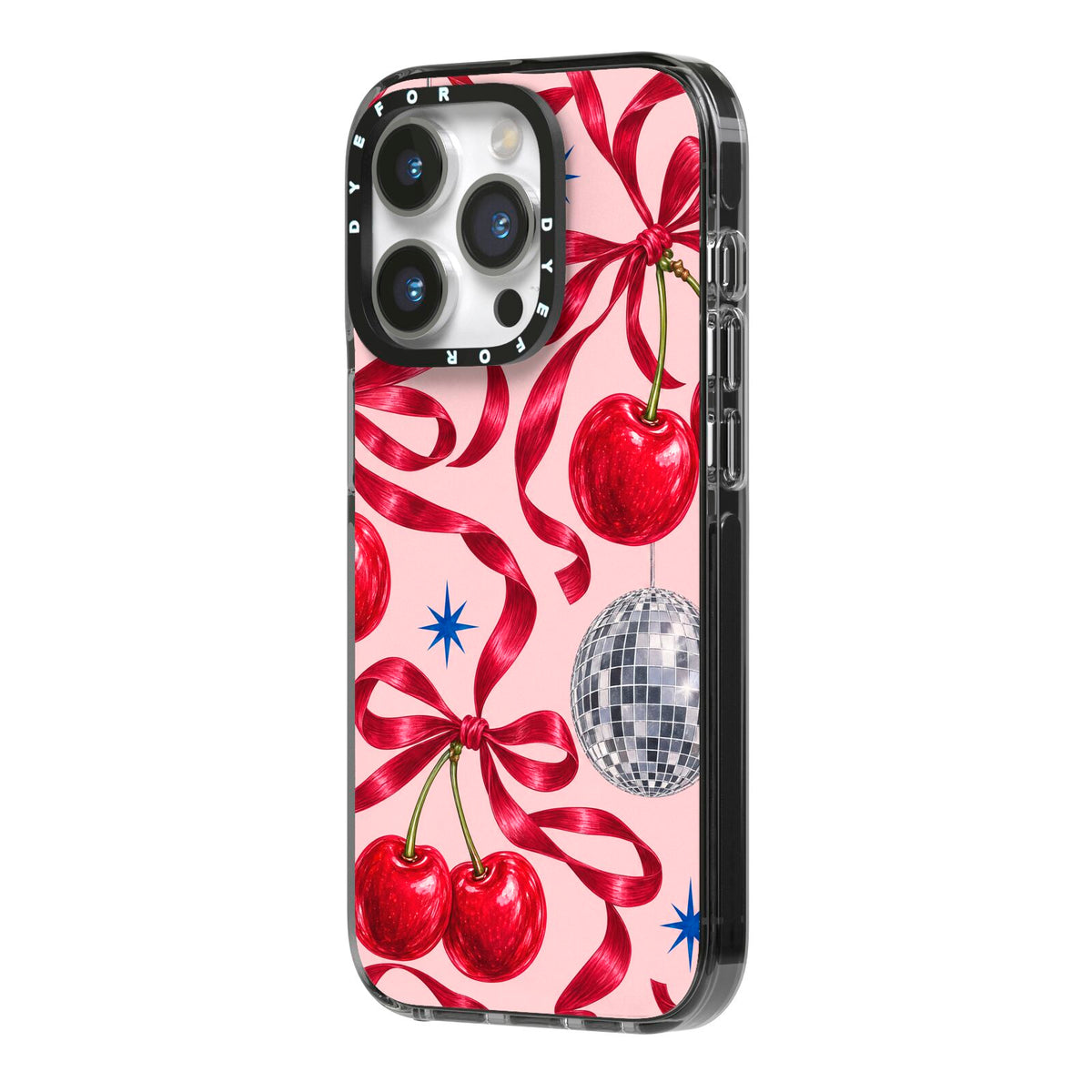 Cherry Disco iPhone 14 Pro Black Impact Case Side Angle on Silver phone