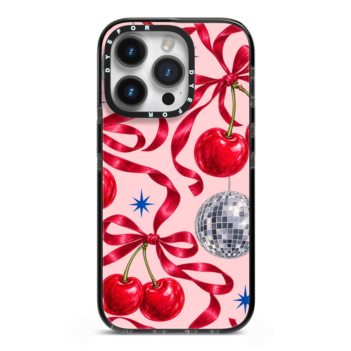Cherry Disco iPhone 14 Pro Black Impact Case on Silver phone
