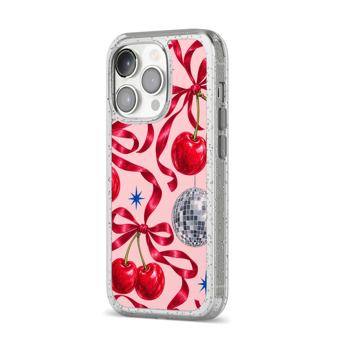 Cherry Disco iPhone 14 Pro Glitter Tough Case Silver Angled Image