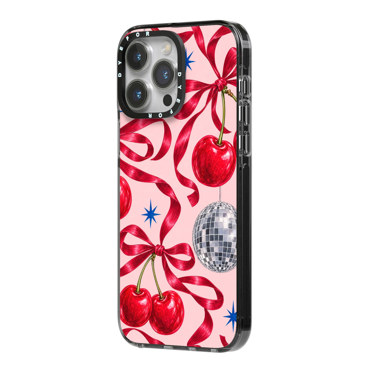Cherry Disco iPhone 14 Pro Max Black Impact Case Side Angle on Silver phone