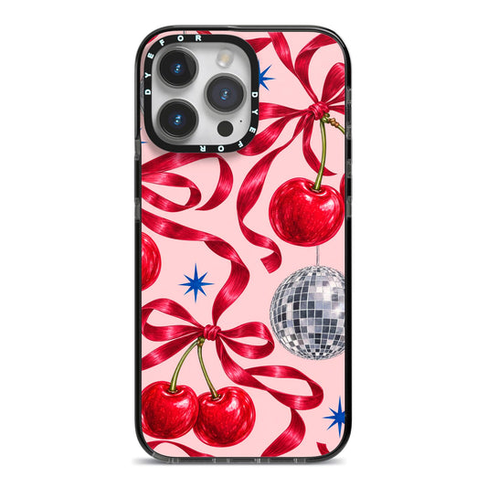 Cherry Disco iPhone 14 Pro Max Black Impact Case on Silver phone