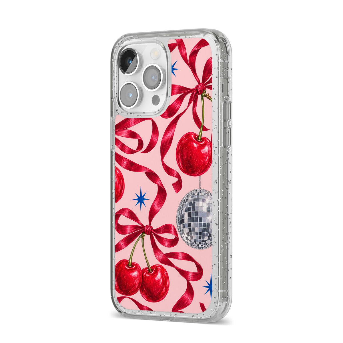 Cherry Disco iPhone 14 Pro Max Glitter Tough Case Silver Angled Image