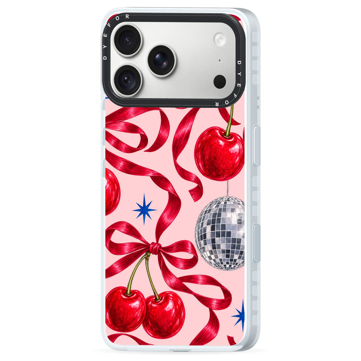 Cherry Disco iPhone 18 Pro Black Impact Pre order Case Side Angle on Silver phone