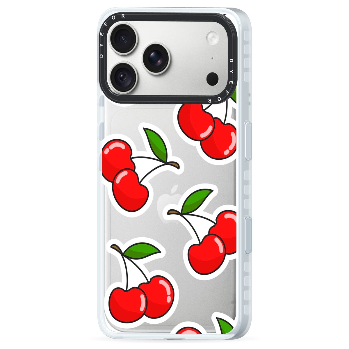 Cherry Pattern iPhone 18 Pro Black Impact Pre order Case Side Angle on Silver phone