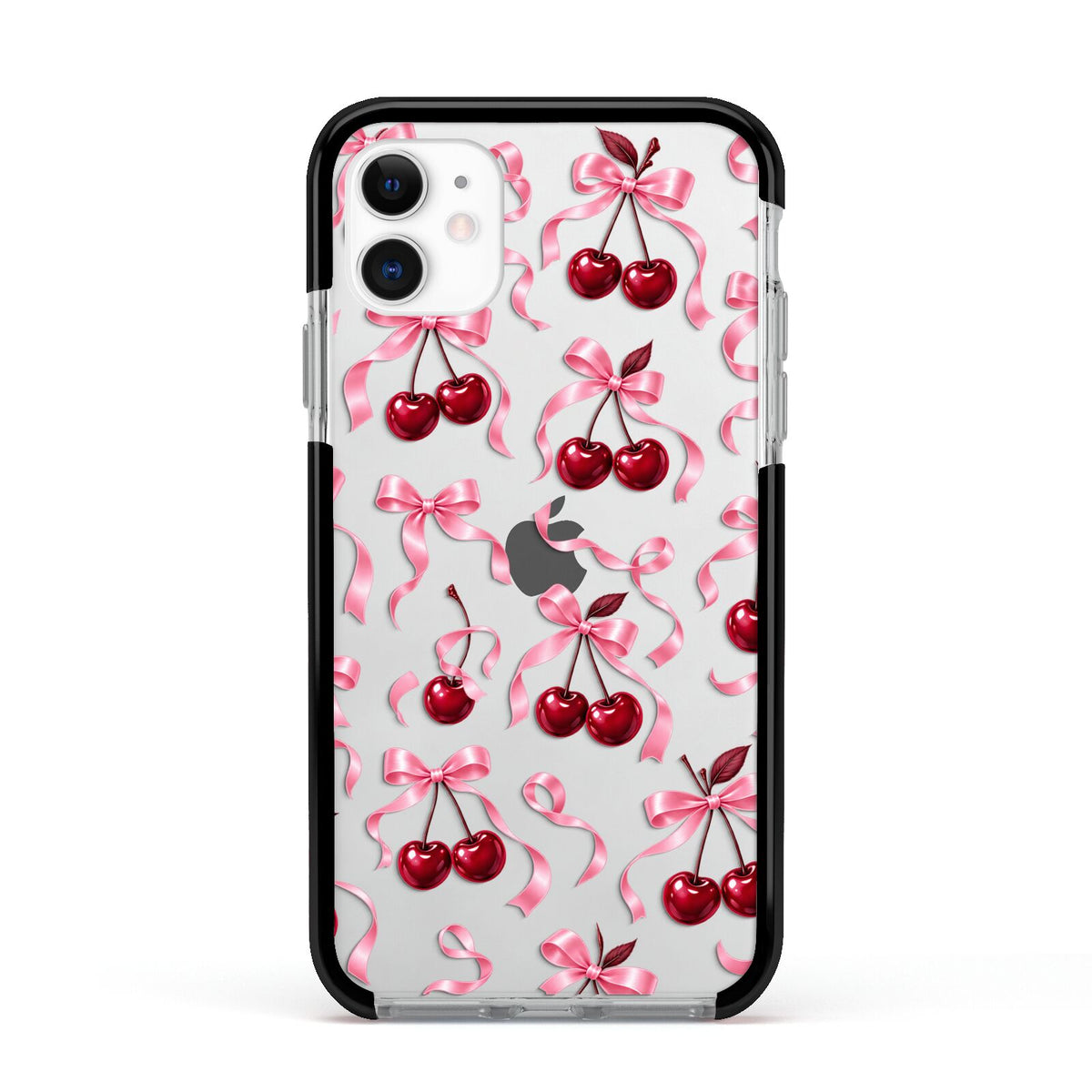 Cherry Silk Bows Apple iPhone 11 in White with Black Impact Case