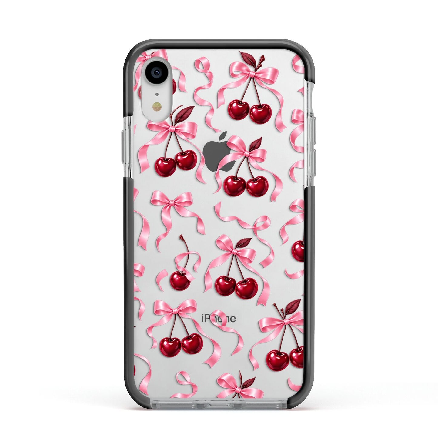 Cherry Silk Bows Apple iPhone XR Impact Case Black Edge on Silver Phone