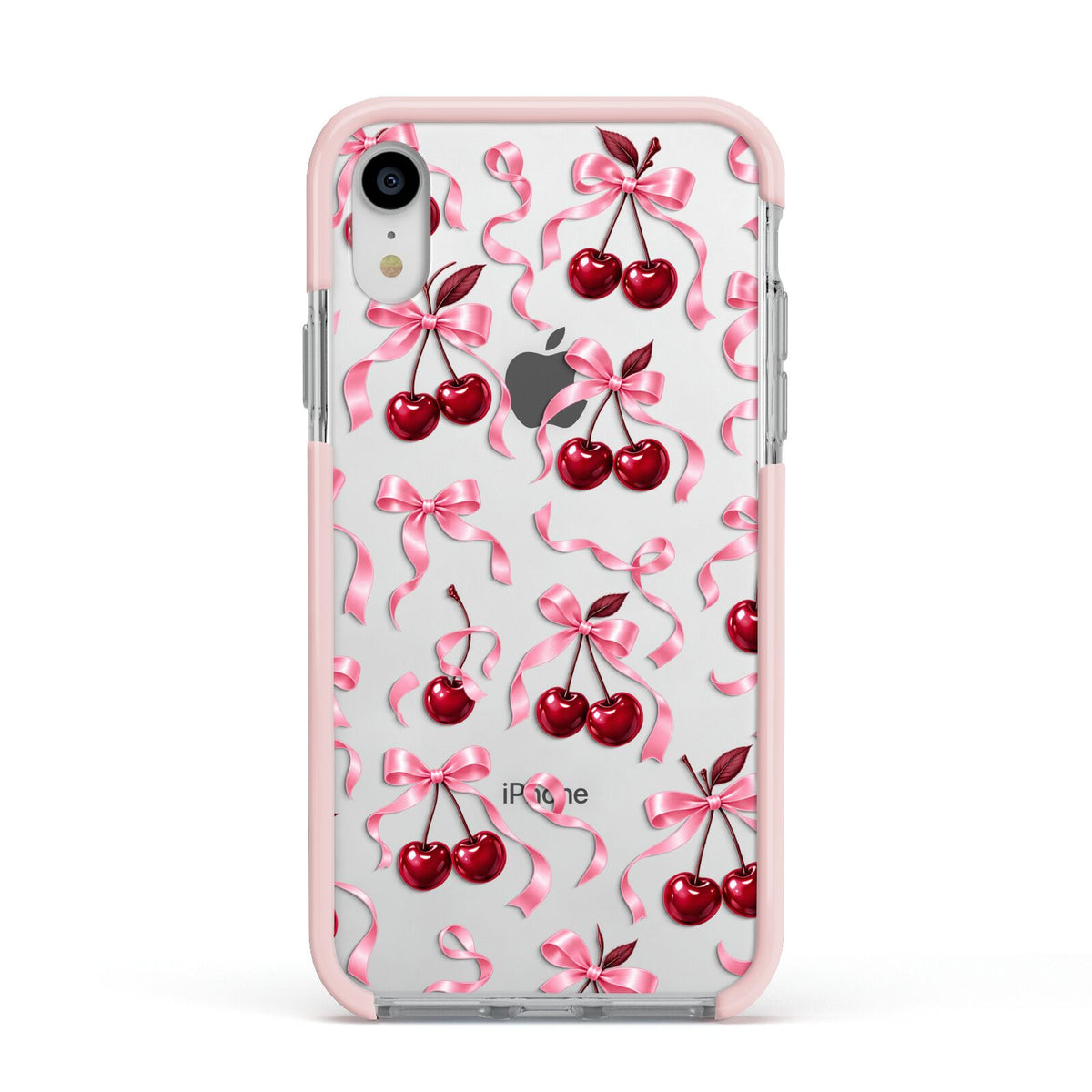 Cherry Silk Bows Apple iPhone XR Impact Case Pink Edge on Silver Phone