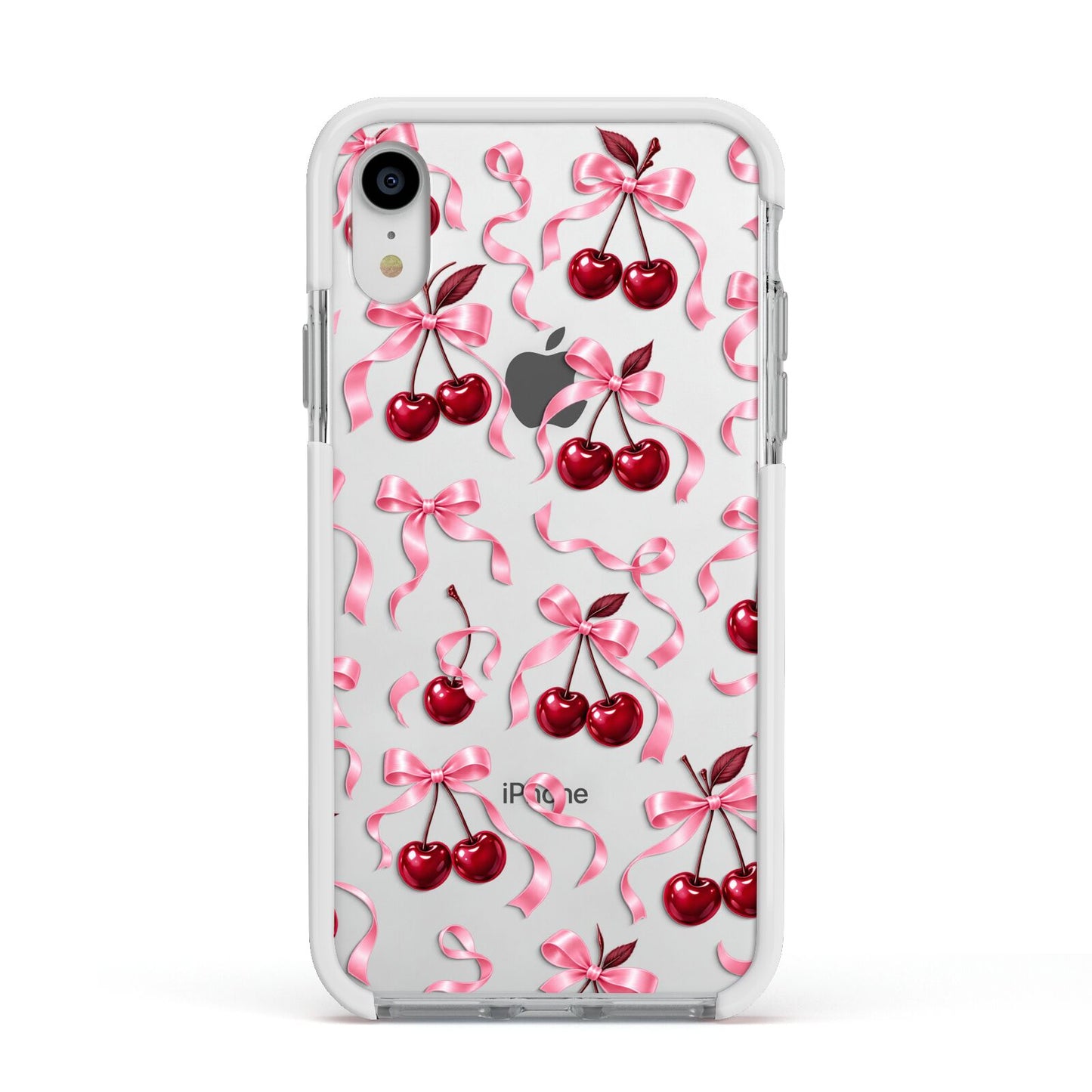 Cherry Silk Bows Apple iPhone XR Impact Case White Edge on Silver Phone