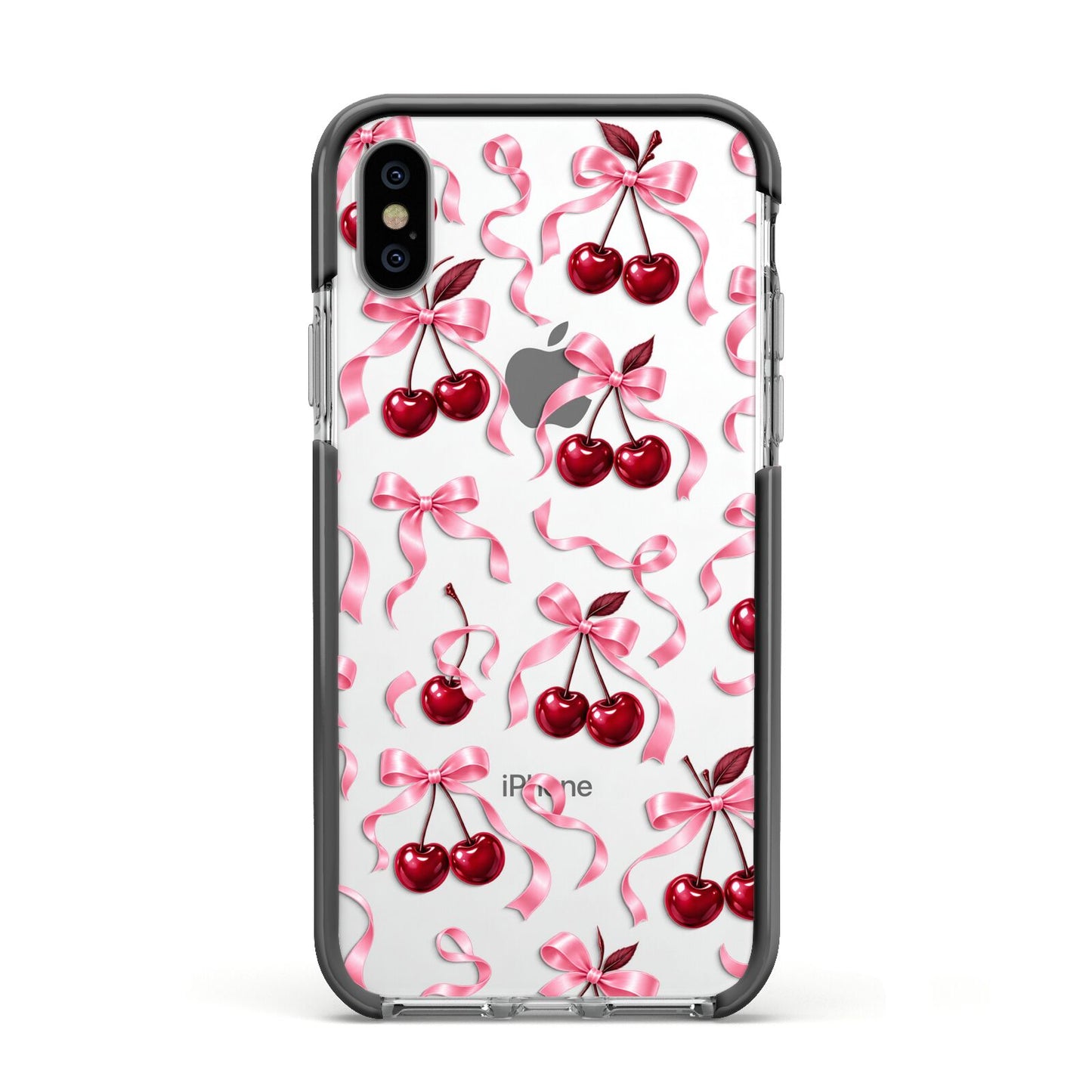 Cherry Silk Bows Apple iPhone Xs Impact Case Black Edge on Silver Phone